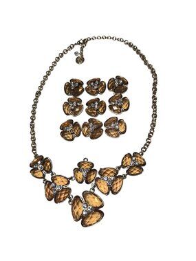 Floral Necklace Brown Faceted Glass Beads Charm Broken 6 Extra Flowers DIY Craft